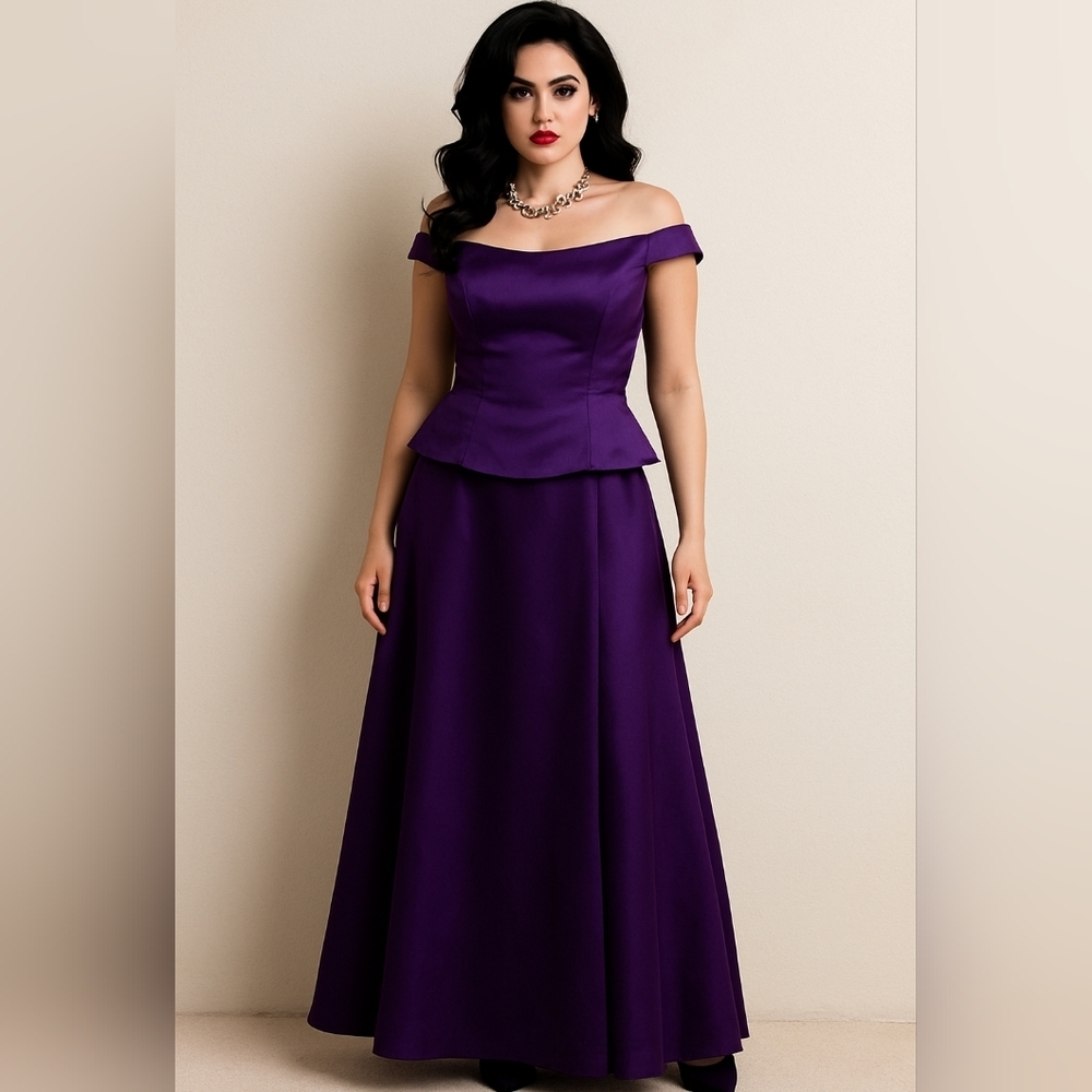 Mori Lee Eggplant Satin Off Shoulder Gown 10 Peplum Maxi Formal Dress Mobwife